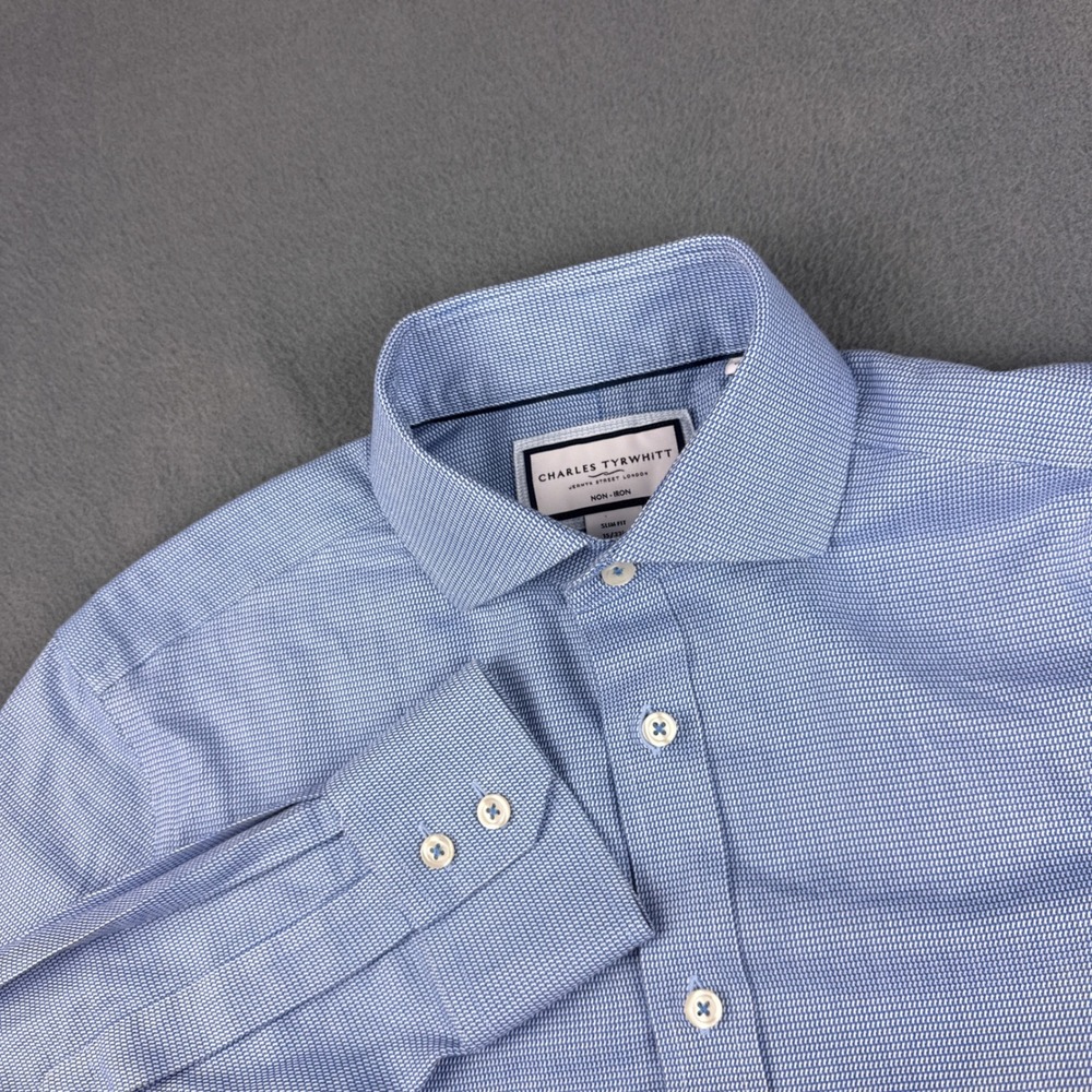 Charles Tyrwhitt Shirt Men's 15 33 Blue Slim Fit Non-Iron Cotton Dress Shirt